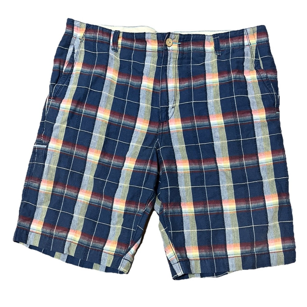 Tommy Bahama Bermuda Shorts Mens 35 Relax Blue Plaid Linen Cotton Blend Resort